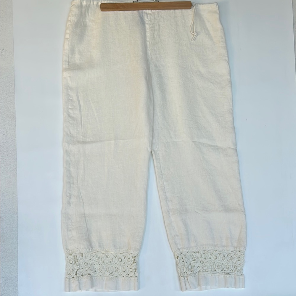 🌼3 for $15🌼 Debbie Shuchat 100% Linen Fully Lines Lace Cuff Wide Leg Pants - Picture 2 of 11